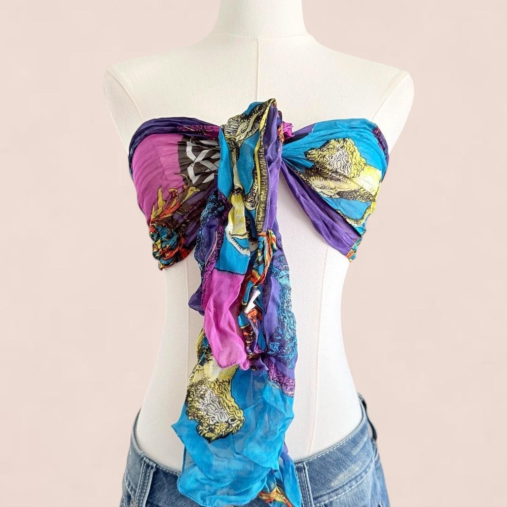 Vintage Women's Rayon Crinkle Scarf Wrap Shawl Blue Purple Abstract Artsy Boho